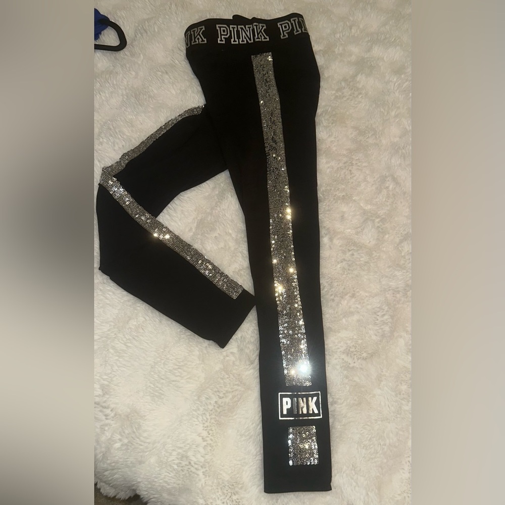 PINK Victoria's Secret Black Leggings with Silver Sequin Trim - Picture 2 of 2